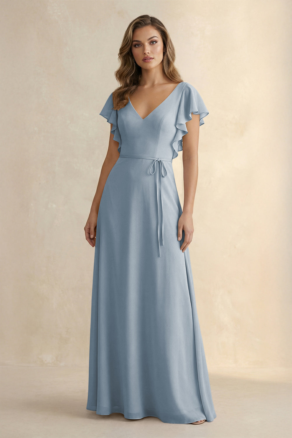 Ruffled V-Neck Chiffon A-Line Bridesmaid Dress in Dusty Blue
