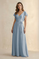 Dusty Blue Ruffled V-Neck Chiffon A-Line Bridesmaid Dress | KISSBRIDAL