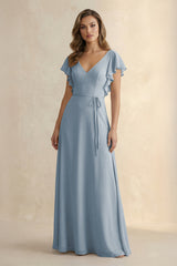 Dusty Blue Ruffled V-Neck Chiffon A-Line Bridesmaid Dress | KISSBRIDAL