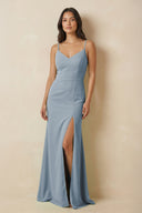 Dusty Blue Sheath Cami Strap Chiffon Bridesmaid Dress with Slit | KISSBRIDAL