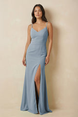 Dusty Blue Sheath Cami Strap Chiffon Bridesmaid Dress with Slit | KISSBRIDAL