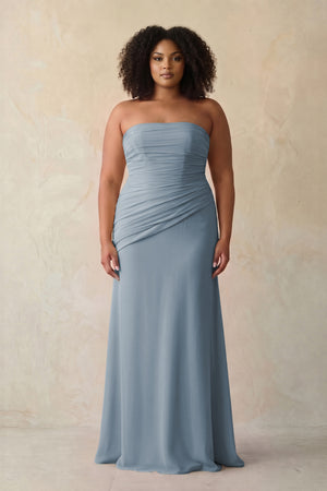 Dusty Blue Sheath Chiffon Strapless Pleated Bridesmaid Dress (3) [sizeplus] | KISSBRIDAL