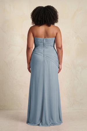 Dusty Blue Sheath Chiffon Strapless Pleated Bridesmaid Dress (4) [sizeplus] | KISSBRIDAL