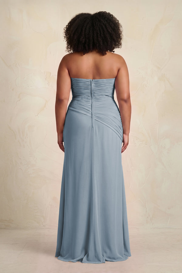 Dusty Blue Sheath Chiffon Strapless Pleated Bridesmaid Dress (4) [sizeplus] | KISSBRIDAL