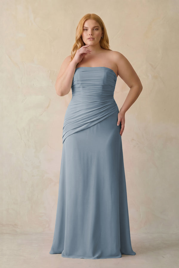 Dusty Blue Sheath Chiffon Strapless Pleated Bridesmaid Dress [sizeplus] | KISSBRIDAL