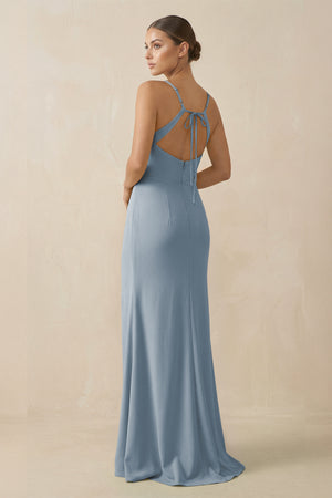 Dusty Blue Sheath Spaghetti Straps Chiffon Long Bridesmaid Dress (2) | KISSBRIDAL