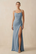 Dusty Blue Sheath Spaghetti Straps Chiffon Long Bridesmaid Dress | KISSBRIDAL