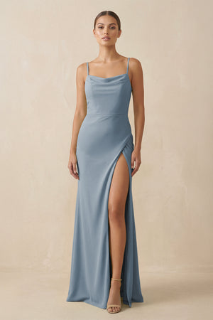 Dusty Blue Sheath Spaghetti Straps Chiffon Long Bridesmaid Dress | KISSBRIDAL