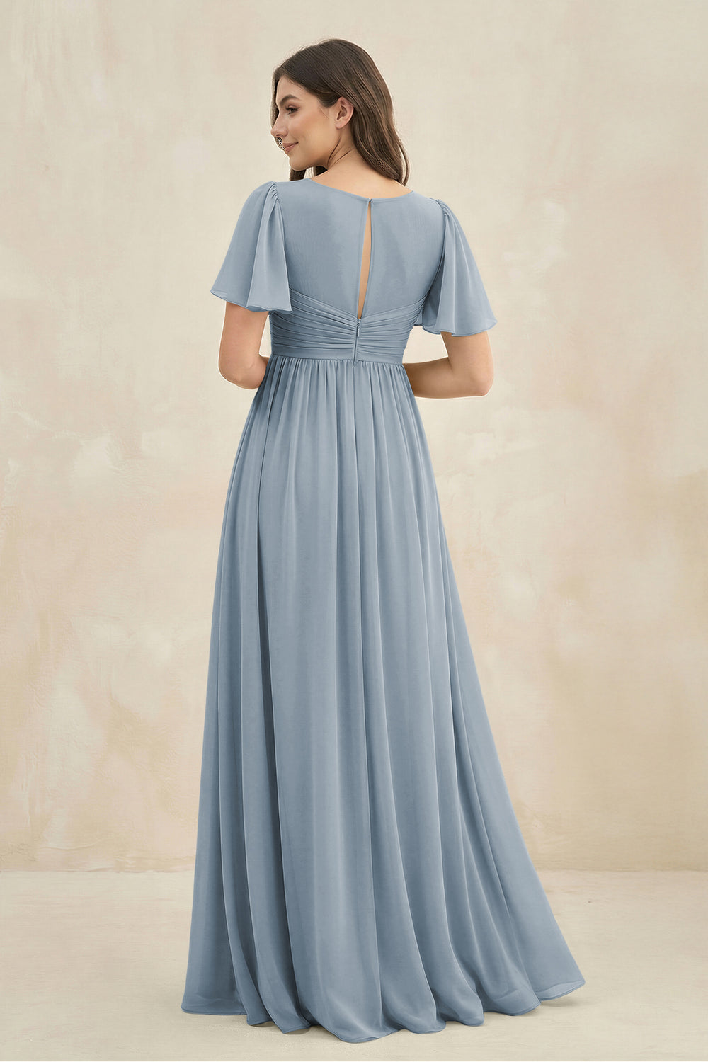 Short Sleeve Chiffon V-Neck A-Line Bridesmaid Dress in Dusty Blue