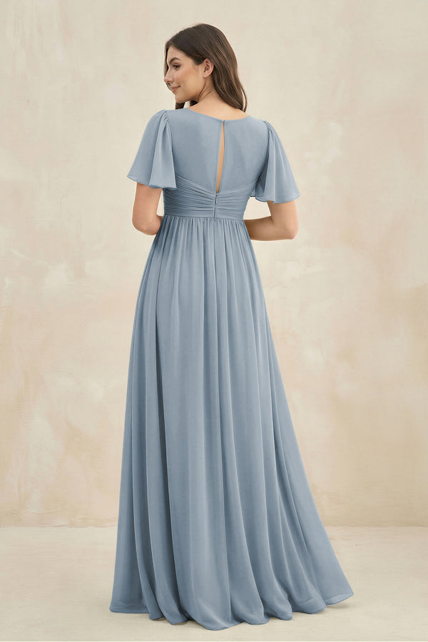 Dusty Blue Short Sleeve Chiffon V-Neck A-Line Bridesmaid Dress (2) | KISSBRIDAL