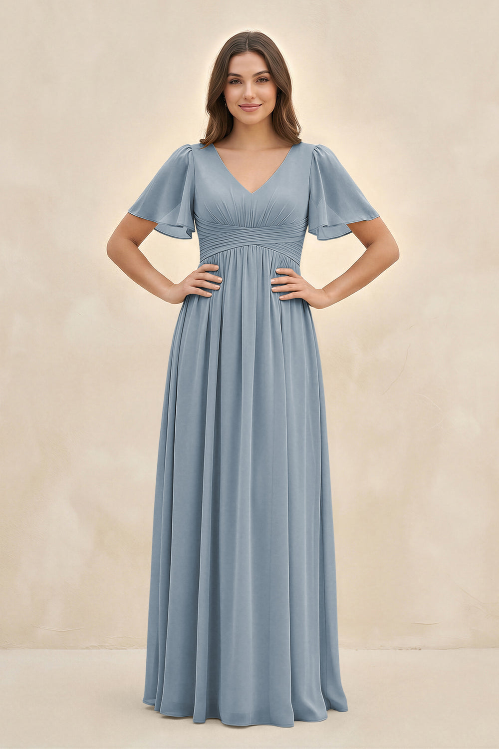 Short Sleeve Chiffon V-Neck A-Line Bridesmaid Dress in Dusty Blue