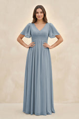 Dusty Blue Short Sleeve Chiffon V-Neck A-Line Bridesmaid Dress | KISSBRIDAL