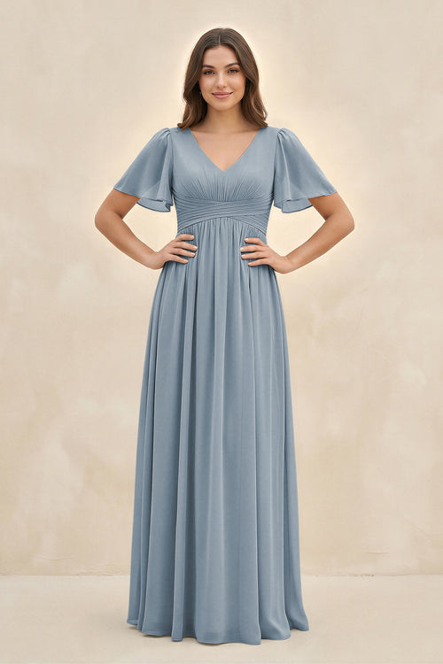 Dusty Blue Short Sleeve Chiffon V-Neck A-Line Bridesmaid Dress | KISSBRIDAL