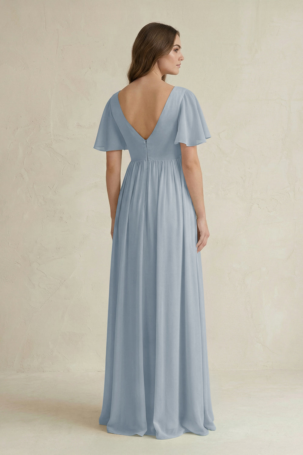 Short Sleeve V-Neck A-Line Chiffon Bridesmaid Dress in Dusty Blue