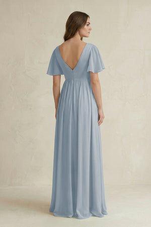Dusty Blue Short Sleeve V-Neck A-Line Chiffon Bridesmaid Dress (2) | KISSBRIDAL