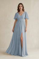 Dusty Blue Short Sleeve V-Neck A-Line Chiffon Bridesmaid Dress | KISSBRIDAL