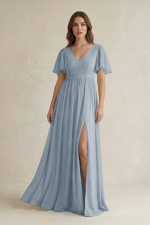 Dusty Blue Short Sleeve V-Neck A-Line Chiffon Bridesmaid Dress | KISSBRIDAL