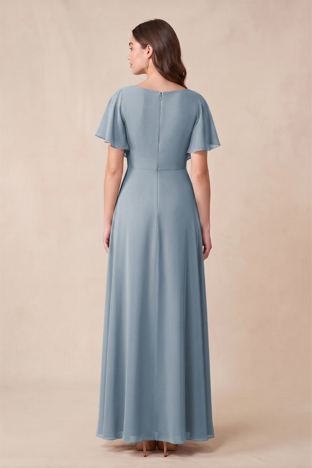 Short Sleeves Bateau A-Line Chiffon Bridesmaid Dress in Dusty Blue
