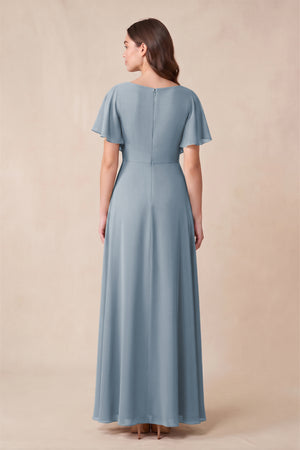 Dusty Blue Short Sleeves Bateau A-Line Chiffon Bridesmaid Dress (2) | KISSBRIDAL