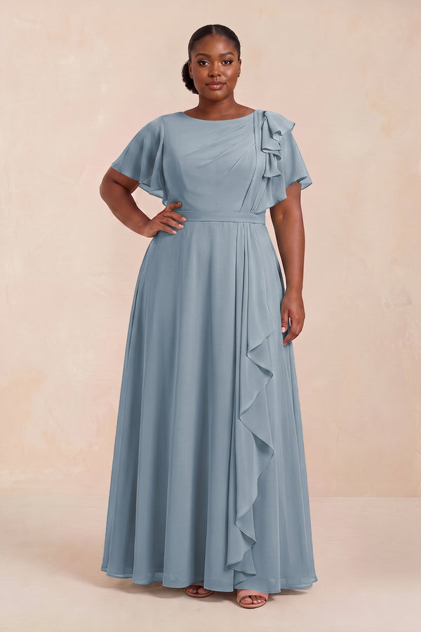 Dusty Blue Short Sleeves Bateau A-Line Chiffon Bridesmaid Dress (3) [sizeplus] | KISSBRIDAL