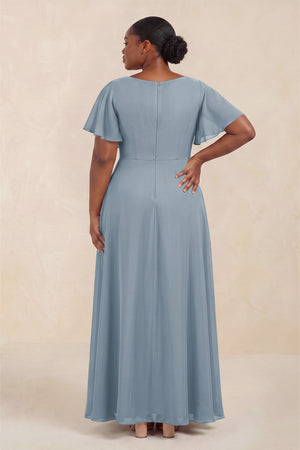 Dusty Blue Short Sleeves Bateau A-Line Chiffon Bridesmaid Dress (4) [sizeplus] | KISSBRIDAL