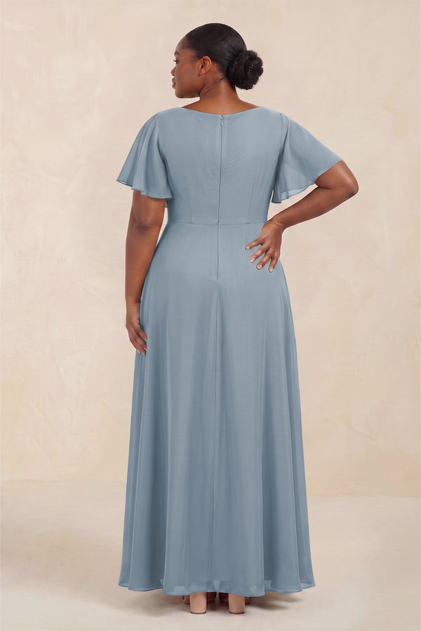 Dusty Blue Short Sleeves Bateau A-Line Chiffon Bridesmaid Dress (4) [sizeplus] | KISSBRIDAL