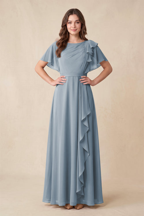 Dusty Blue Short Sleeves Bateau A-Line Chiffon Bridesmaid Dress | KISSBRIDAL