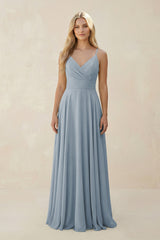 Dusty Blue Spaghetti Strap A-Line Chiffon Bridesmaid Dress | KISSBRIDAL