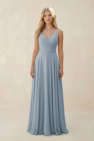 Dusty Blue Spaghetti Strap A-Line Chiffon Bridesmaid Dress | KISSBRIDAL