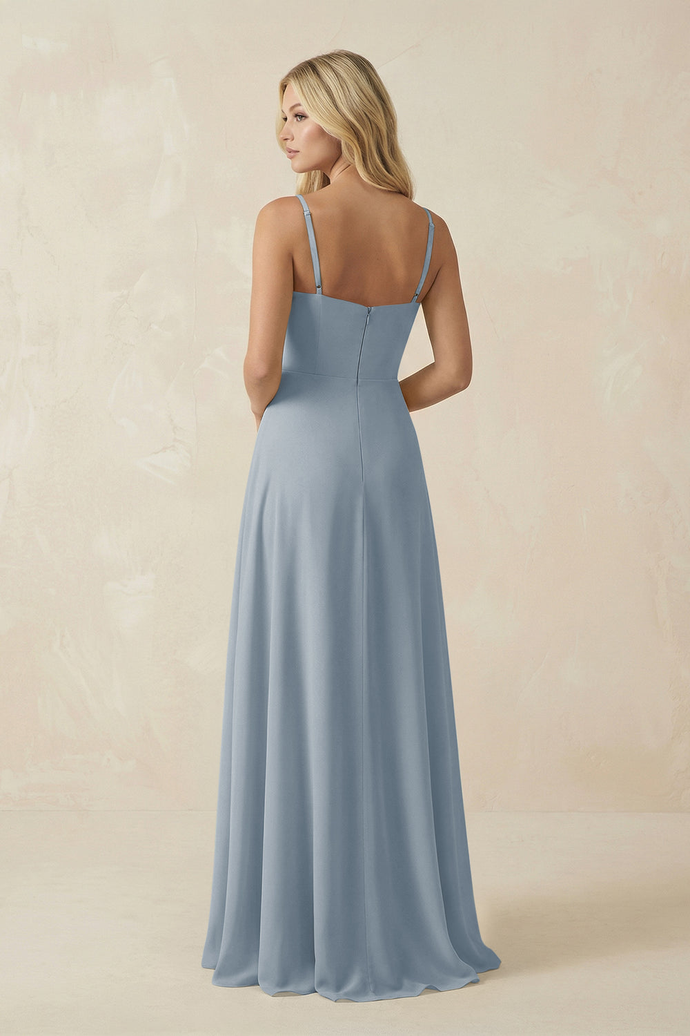 Spaghetti Strap Chiffon A-Line Bridesmaid Dress in Dusty Blue