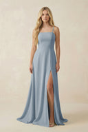 Dusty Blue Spaghetti Strap Chiffon A-Line Bridesmaid Dress | KISSBRIDAL