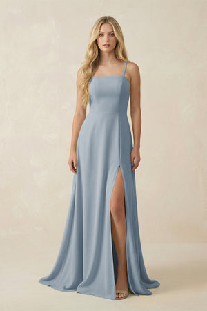 Dusty Blue Spaghetti Strap Chiffon A-Line Bridesmaid Dress | KISSBRIDAL