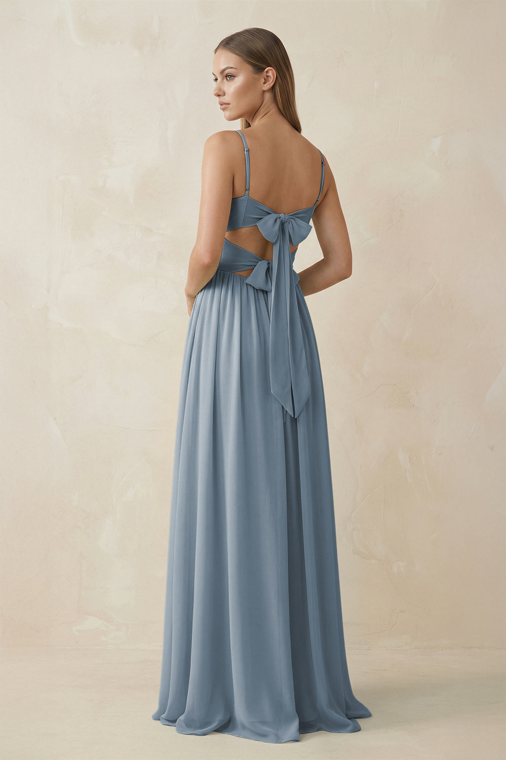 Spaghetti Strap Pleated A-Line Chiffon Bridesmaid Dress in Dusty Blue