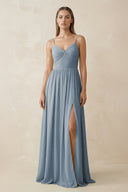 Dusty Blue Spaghetti Strap Pleated A-Line Chiffon Bridesmaid Dress | KISSBRIDAL