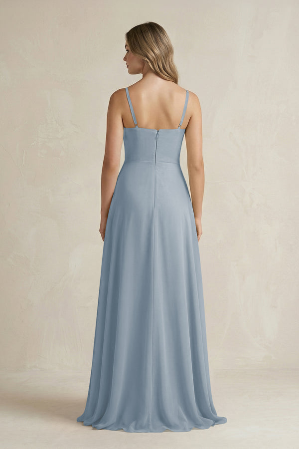 Dusty Blue Spaghetti Strap Ruffled A-Line Chiffon Bridesmaid Dress (2) | KISSBRIDAL
