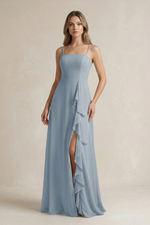 Dusty Blue Spaghetti Strap Ruffled A-Line Chiffon Bridesmaid Dress | KISSBRIDAL