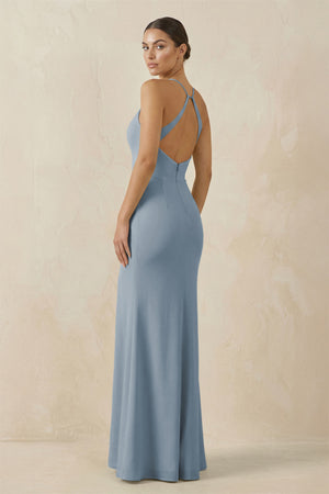 Dusty Blue Spaghetti Strap Sheath Chiffon Bridesmaid Dress With Slit (2) | KISSBRIDAL