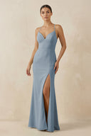 Dusty Blue Spaghetti Strap Sheath Chiffon Bridesmaid Dress With Slit | KISSBRIDAL