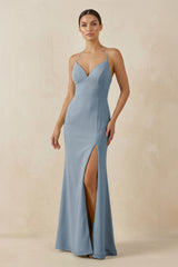Dusty Blue Spaghetti Strap Sheath Chiffon Bridesmaid Dress With Slit | KISSBRIDAL