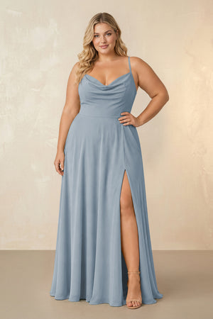 Dusty Blue Spaghetti Straps Chiffon A-Line Bridesmaid Dress [sizeplus] | KISSBRIDAL