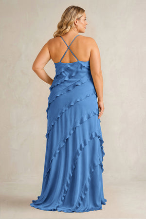 Dusty Blue Spaghetti Straps Sheath Stain Ruffled Bridesmaid Dress (2) | KISSBRIDAL[sizeplus]