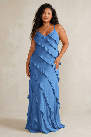 Dusty Blue Spaghetti Straps Sheath Stain Ruffled Bridesmaid Dress (3) | KISSBRIDAL[sizeplus]