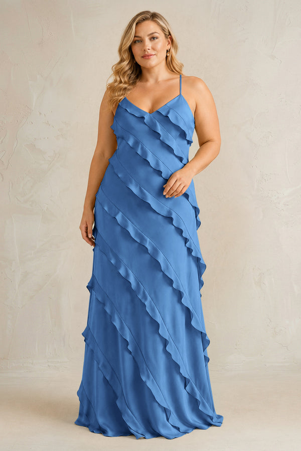 Dusty Blue Spaghetti Straps Sheath Stain Ruffled Bridesmaid Dress | KISSBRIDAL[sizeplus]