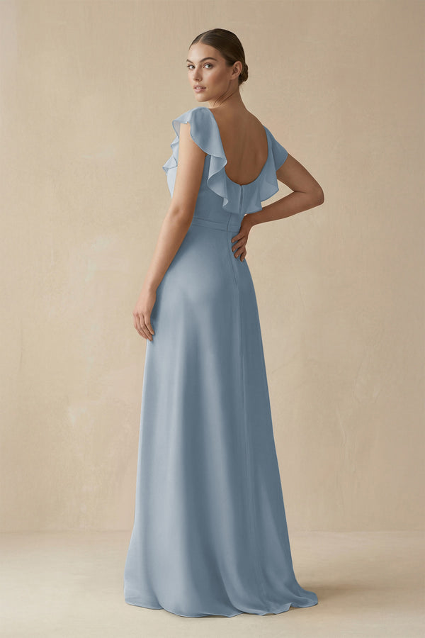 Dusty Blue Square Neck A-Line Bridesmaid Dress with Ruffles (2) | KISSBRIDAL