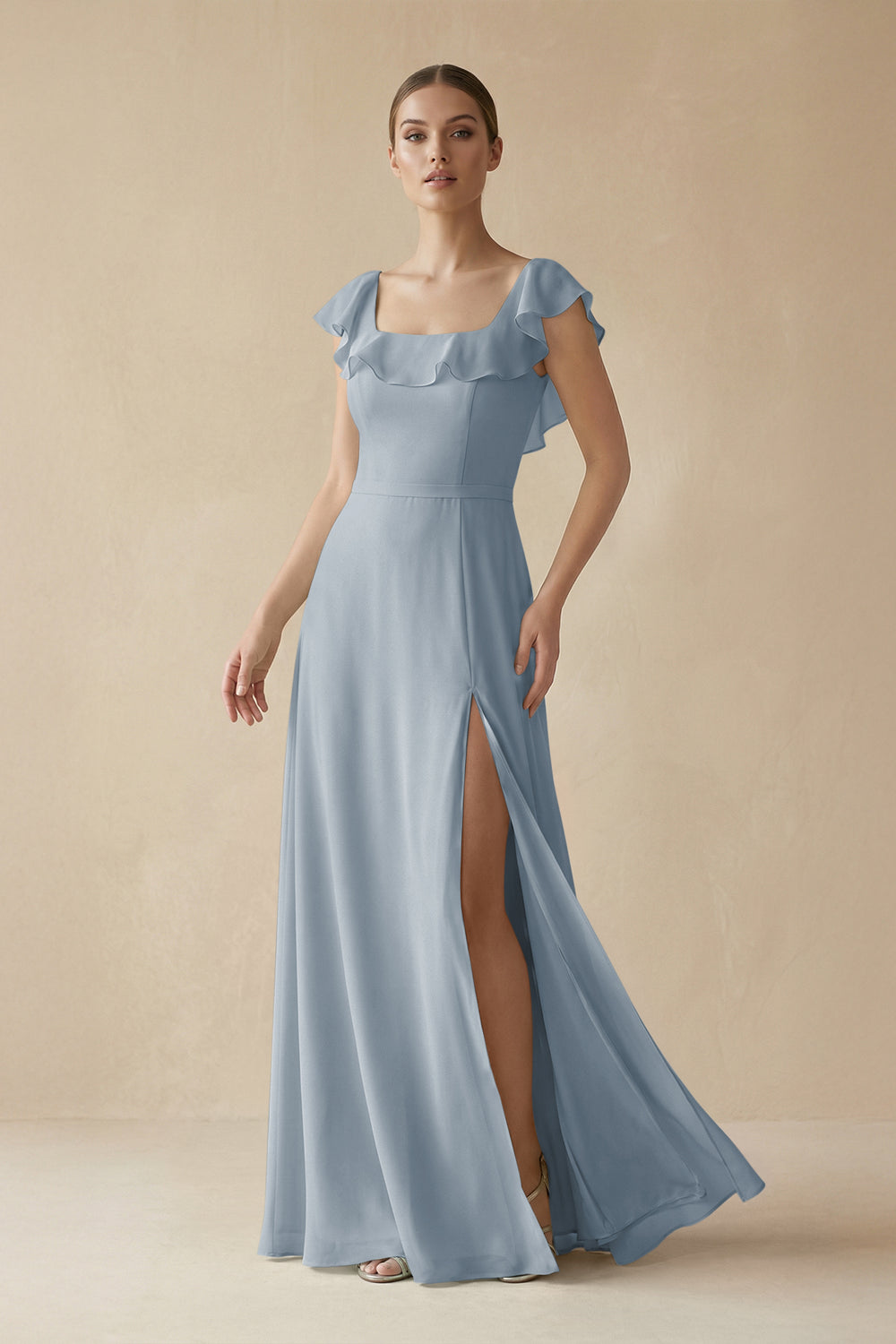 Square Neck A-Line Bridesmaid Dress with Ruffles in Dusty Blue