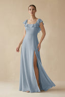Dusty Blue Square Neck A-Line Bridesmaid Dress with Ruffles | KISSBRIDAL
