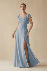 Dusty Blue Square Neck A-Line Bridesmaid Dress with Ruffles | KISSBRIDAL