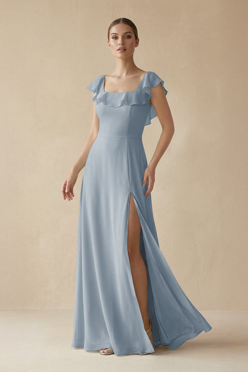 Dusty Blue Square Neck A-Line Bridesmaid Dress with Ruffles | KISSBRIDAL
