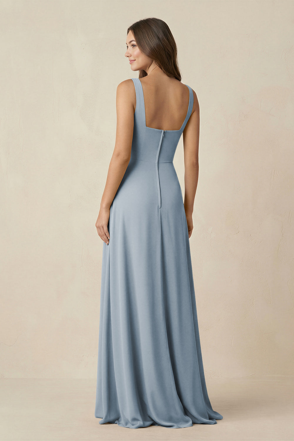 Square Neck A-Line Bridesmaid Dress With Slit in Dusty Blue
