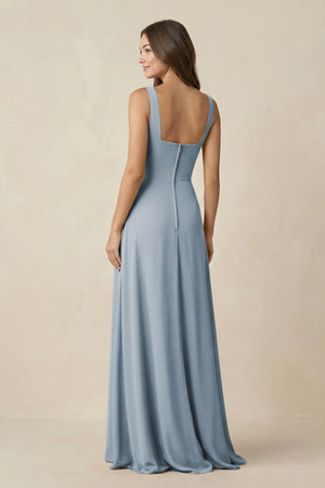 Dusty Blue Square Neck A-Line Bridesmaid Dress With Slit (2) | KISSBRIDAL
